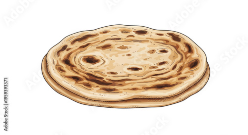 Freshly baked flatbread with golden brown toasted spots, isolated on white background.