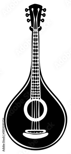 Illustration of a Stringed Musical Instrument Mandolin in Black and White
