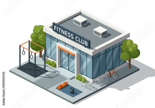 Modern Fitness Club Building Isometric Illustration with Exercise Equipment and Bicycle Rack