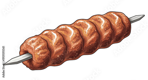 Grilled meat skewer with browned surface on a metal spit, isolated on white background.