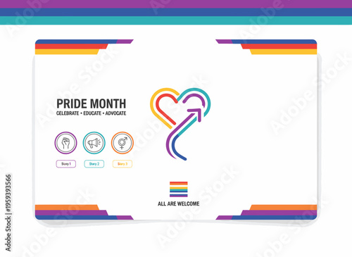 Pride Month celebration with colorful heart symbol and welcoming message on a card