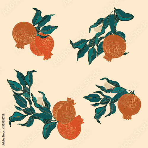 Vintage pomegranate branch vector set with leaves in asian decorative style