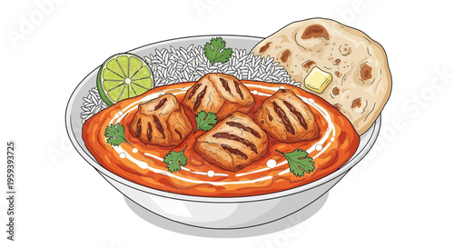 Indian Butter Chicken with Rice and Naan Bread Illustration