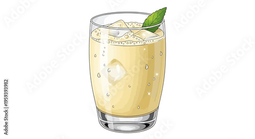 Refreshing yellow cocktail with ice cubes and mint leaf, isolated on white background.