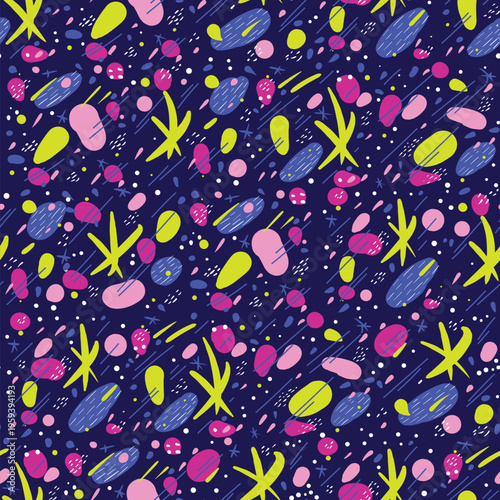 Abstract colorful cosmic illustration showing a vibrant seamless space inspired pattern with doodle shapes, dots, lines, and asteroid like organic forms floating against a dark blue background