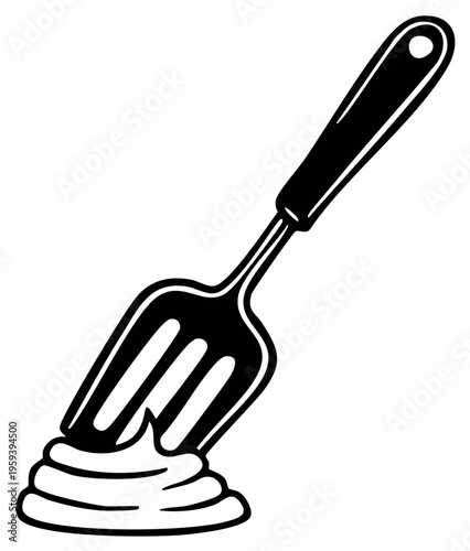 Spatula lifting whipped cream illustration, black and white vector graphic for food designs and cooking