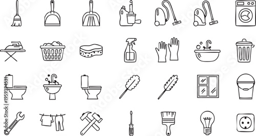 Black and white line of various household and tools household tools line black and white