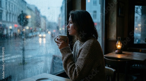 Woman sitting by window with cup on rainy day outside