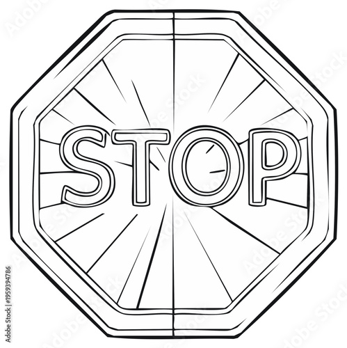 Black and white illustration of a road sign with the word stop to illustrate road safety and traffic rules