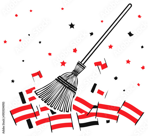 Broom Sweeping Up Small Flags and Stars Celebration Clean Up