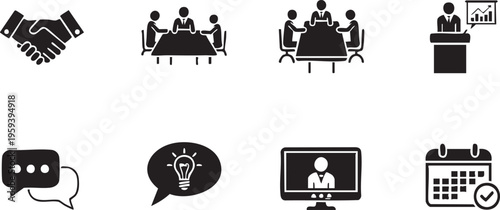 Black and white meeting including handshake people talking at table lightbulb chat speech computer monitor calendar