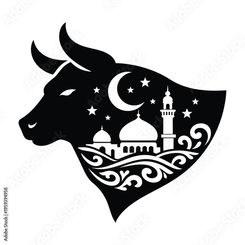 Bull silhouette with mosque scene