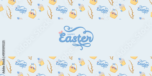 Festive Happy Easter design with blue script and butterfly on light blue background, surrounded by baskets of eggs, decorated cakes, and budding branches, cheerful seasonal holiday motif
