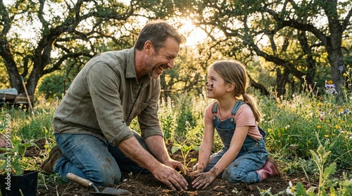Man and little girl planting a tree together in a sunny meadow