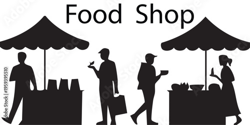   
Detailed vector food shop silhouette illustration showing market stalls people interacting with culinary goods in rustic decorative style