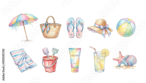 Watercolor Beach Clipart Set Vol.2 — 10 Summer Holiday Essentials PNG SVG Vector Illustration