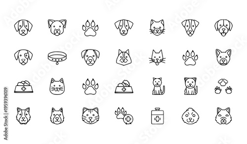 Pet veterinary linear icon set dog cat accessories vector