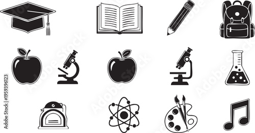 Black and white school education on white background graduation cap book