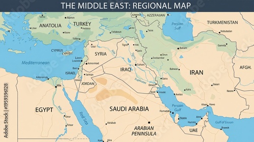 Obraz w ramie Detailed Political Map of the Middle East Region with Country Borders