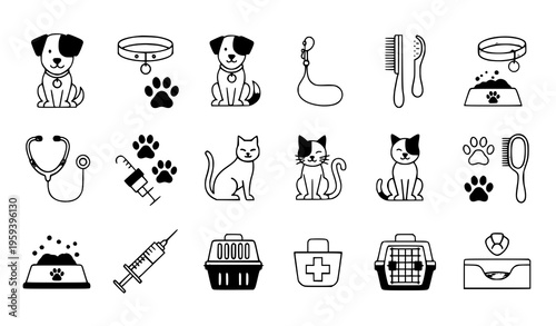 Pet shop veterinary icon set dog cat accessories vector
