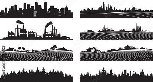 Black and white silhouettes of city skylines and rural landscapes industrial farm forest