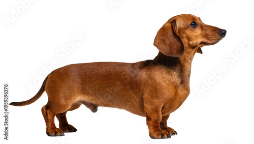 Charming short-haired red dachshund dog stands calmly in profile, a loyal pet portrait