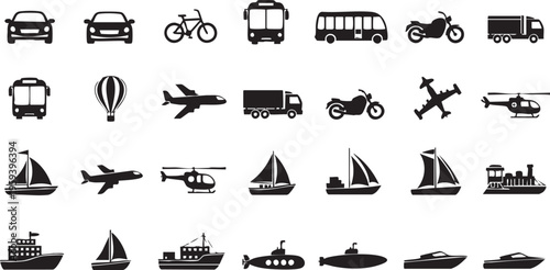 Black and white transportation on white background vehicles silhouettes cars