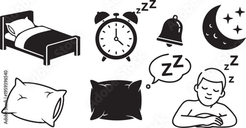 Black and white sleep with bed pillow alarm clock and person sleeping relaxation