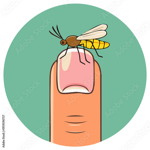 Tiny mosquito perched on a human fingertip with a green background