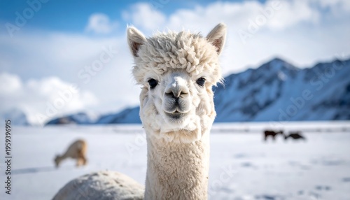A fluffy, white alpaca with a curious gaze, against a snowy landscape and majestic mountains under a bright blue sky