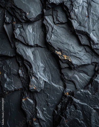 Detailed close-up of dark, layered rock formations with subtle gold accents.