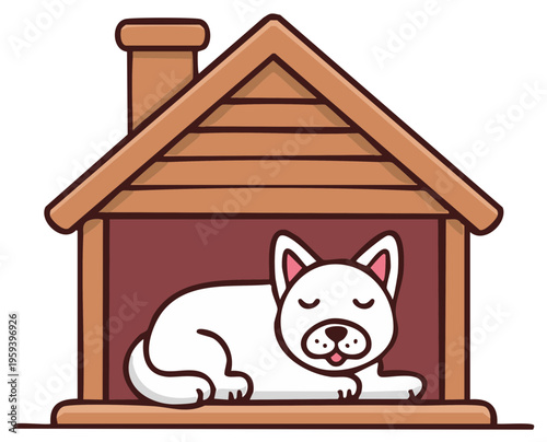Cartoon white dog sleeps in doghouse with chimney. Resting pet in a simple wooden kennel.