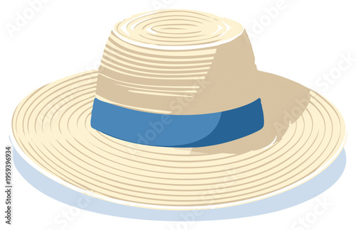 Vector image of straw boater hat with brim and blue band for sun protection at the beach or outdoor activities