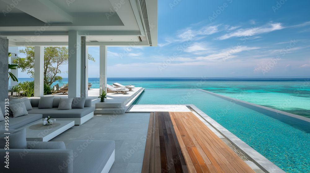 Fototapeta premium Luxury modern beachfront villa living space with open concept design and infinity pool overlooking ocean, bright natural light, tropical resort lifestyle