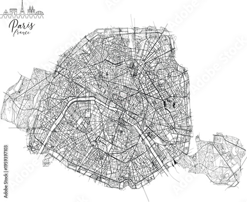 Paris map illustration detailed street network France city planing