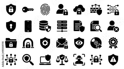 Collection of cybersecurity and data protection icons representing digital security privacy and network safety concepts