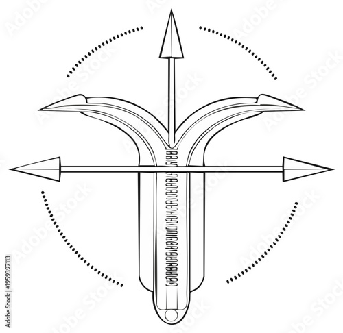 Trident design with arrows and dotted lines, vector graphic.
