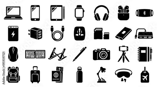 Collection of modern electronic gadgets and travel accessories icons representing digital lifestyle and connectivity