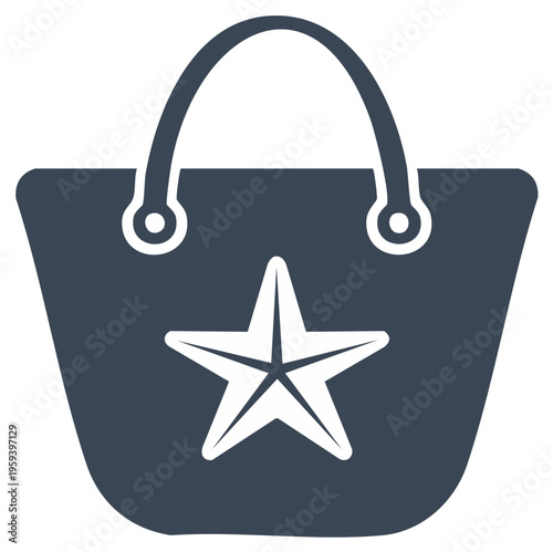Simple glyph icon of a beach tote bag with a starfish design. Vector illustration for summer vacation and seaside travel.