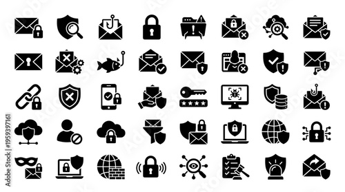 Cybersecurity icons collection representing digital security concepts like data protection network defense and privacy threats