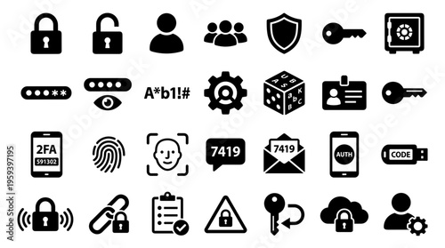 Collection of security and access icons representing digital safety, authentication, and data protection concepts