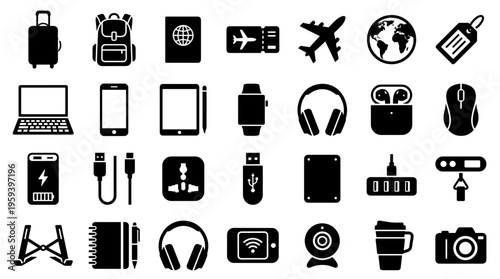 Collection of modern travel and technology gadgets and accessories for digital nomads and global explorers