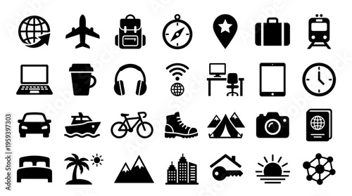 Collection of travel and leisure icons representing transportation accommodation activities and technology for vacation planning and tourism