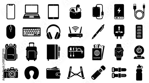 Collection of modern electronic gadgets and travel accessories icons representing digital lifestyle and portable technology for modern life