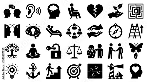 Diverse collection of black and white icons representing human psychology, emotions, personal growth, and mental well being concepts