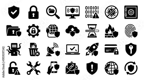 Cybersecurity icons set for digital protection and data security concepts in technology and business