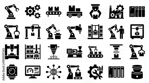 Industrial automation icons set featuring robots machinery and manufacturing equipment for smart factory production and technology concepts