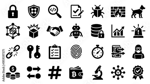 Cybersecurity concept icons set representing digital protection data security and network defense elements