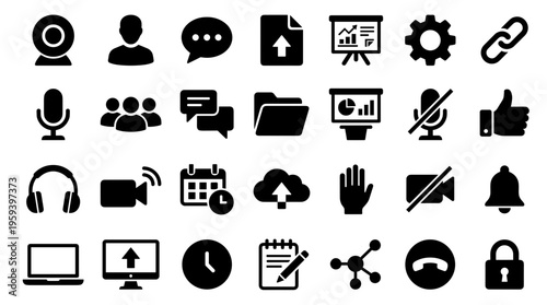 Collection of modern flat icons representing online communication, business tools, and digital services for web and mobile applications