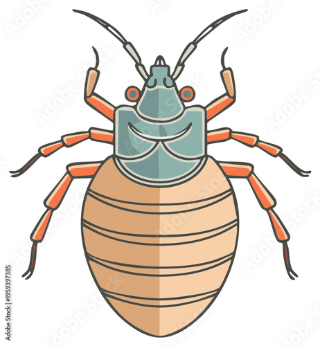 Minimalist blue and orange flat design vector illustration of a small insect bug or household pest